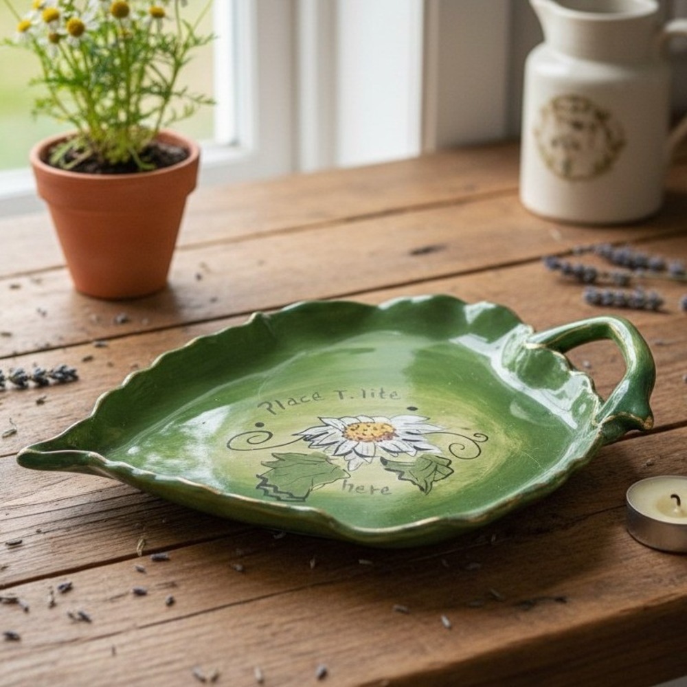 Blue Sky Leaf Shape Tea Light Tray,‎ Green Floral Painted Plate, Vintage Dish